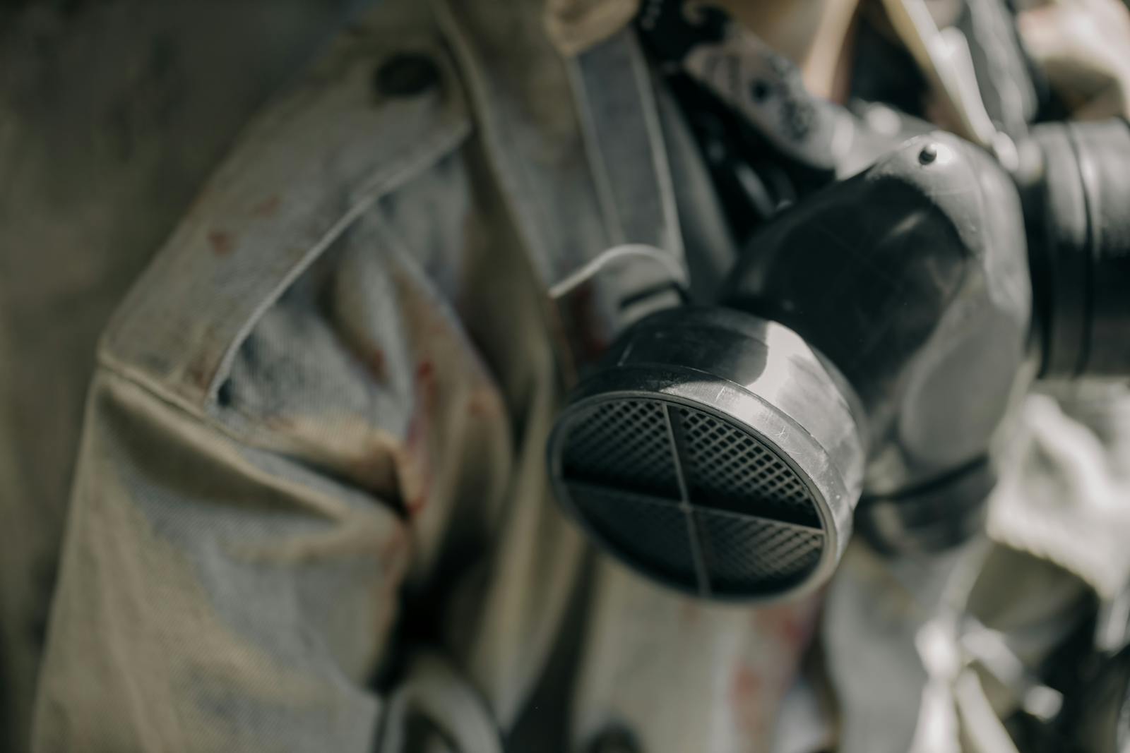 Detailed image of a respirator and protective suit, signifying safety in hazardous environments.