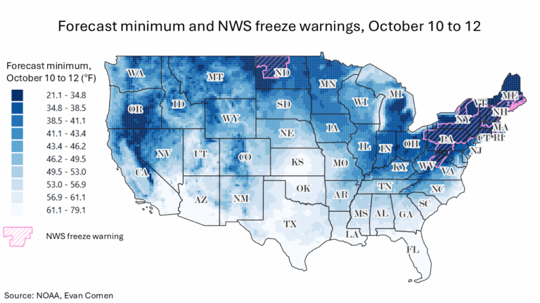 Tracking A Nor Easter The Largest Cities Under Freeze Watches This Forecast Minimum And NWS Freeze Warnings October 10 To 12 768x432 