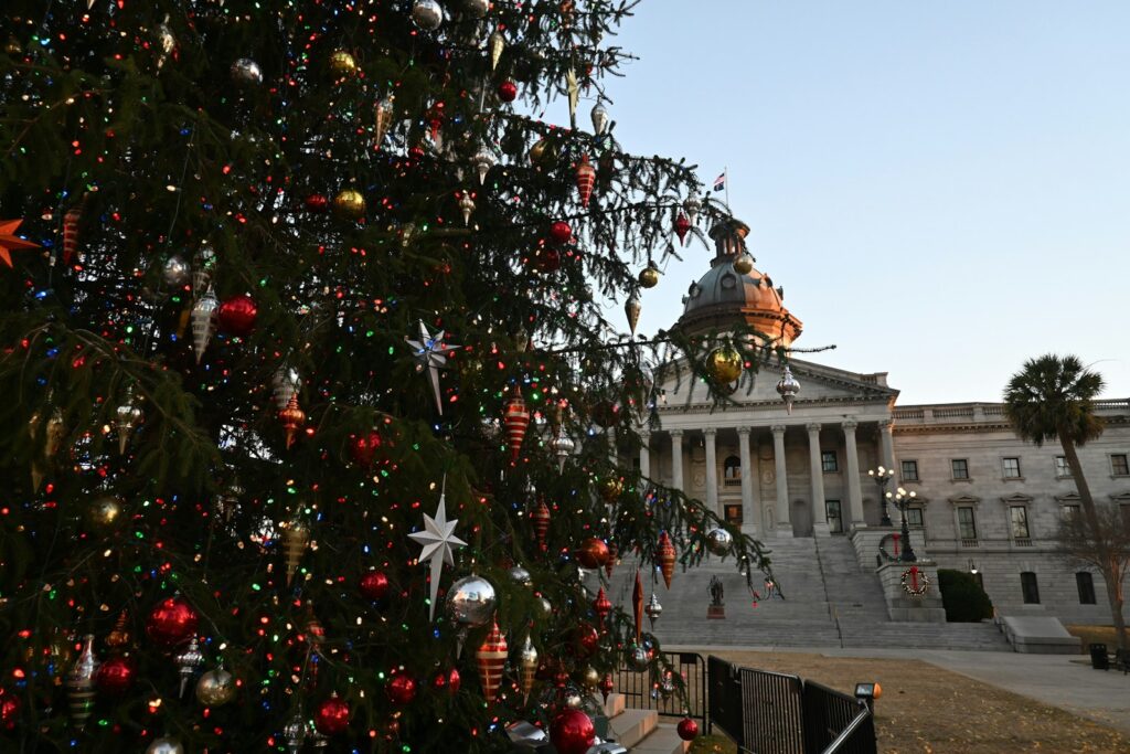 a large christmas tree in front of a building